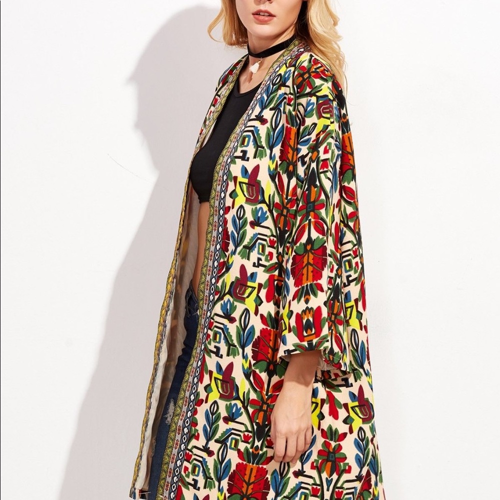 Multi Color Tribal Print Open Over Coat - Picture 3 of 6